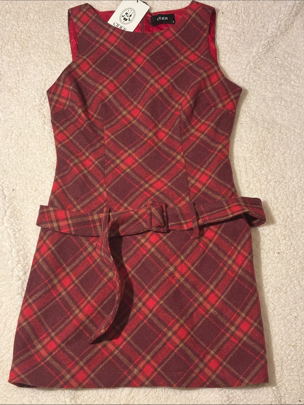Cider Red Plaid Mini Sheath Dress with Self-Tie Waist